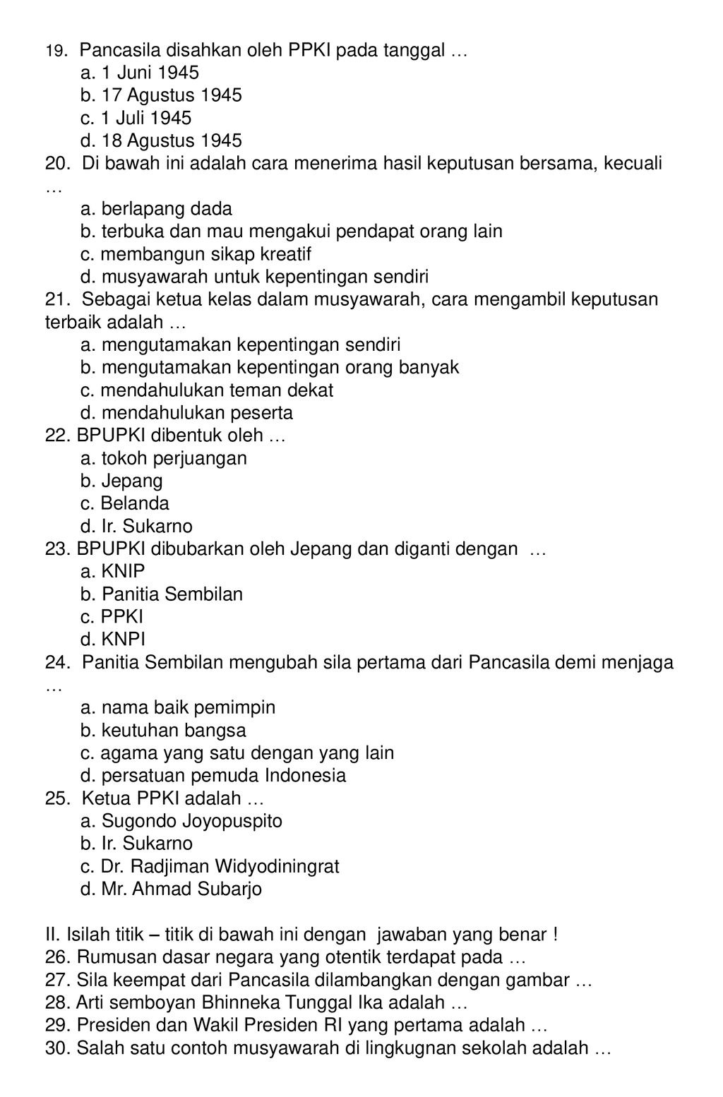 Soal Ulangan Formatif Kesatu Mata Pelajaran Pendidikan Kewarganegaraan